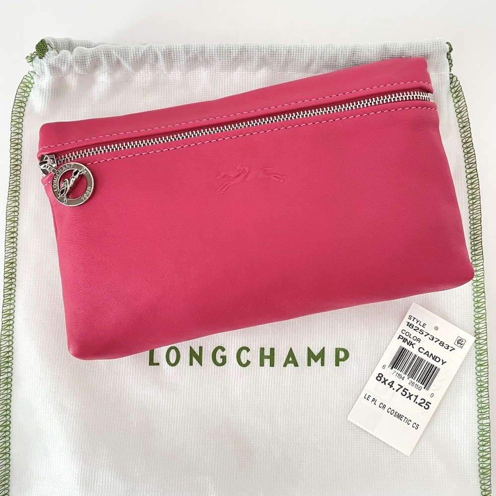 Longchamp Le Pliage Cuir Pouch Candy PINK lambskin leather Made in France - Picture 3 of 12